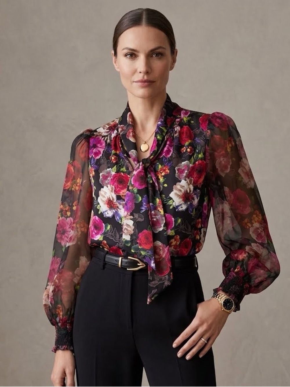 Alice + Olivia Brentley Floral Tie-Neck Silk Blend Blouse  Size Large Whimsigoth